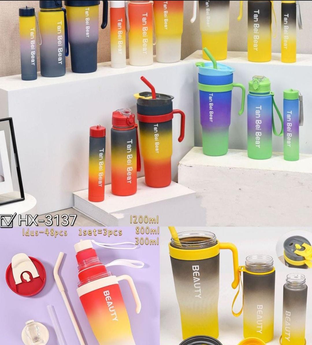 3 pcs Leak-Proof Gradient Water Bottles Set, Portable Plastic Sports Cups